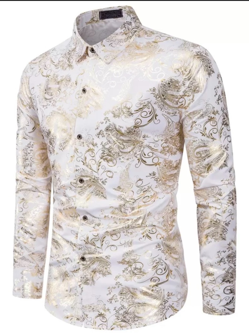 White & Gold Patterned Long-Sleeve Men's Shirt